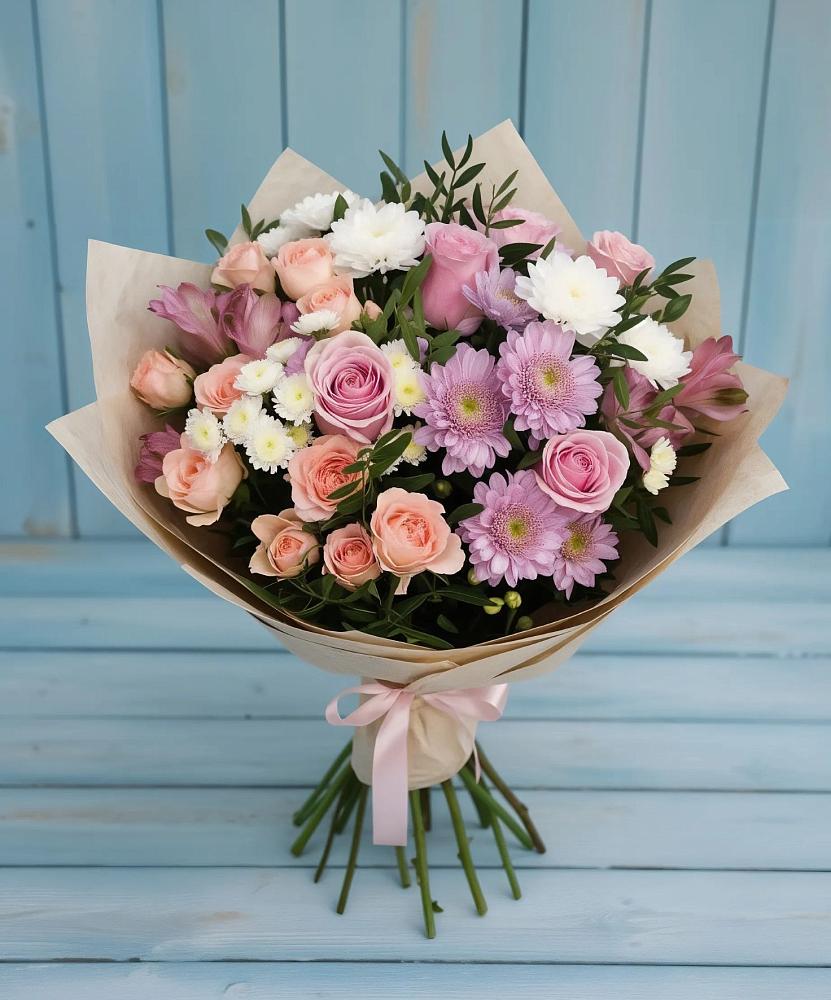 Букет цветов из: Хризантемы, Розы и Альстромерии в Елово
