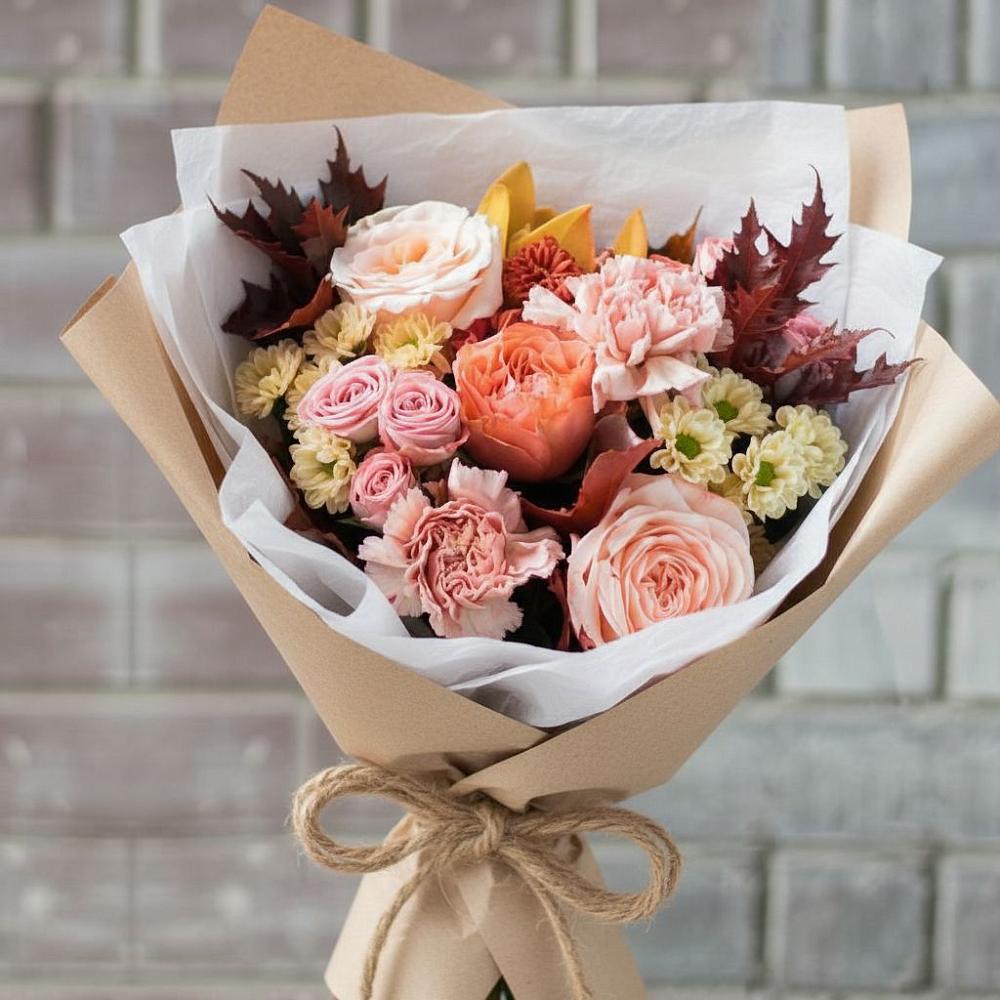 Букет цветов из: Гвоздики, Хризантемы и Розы в Елово