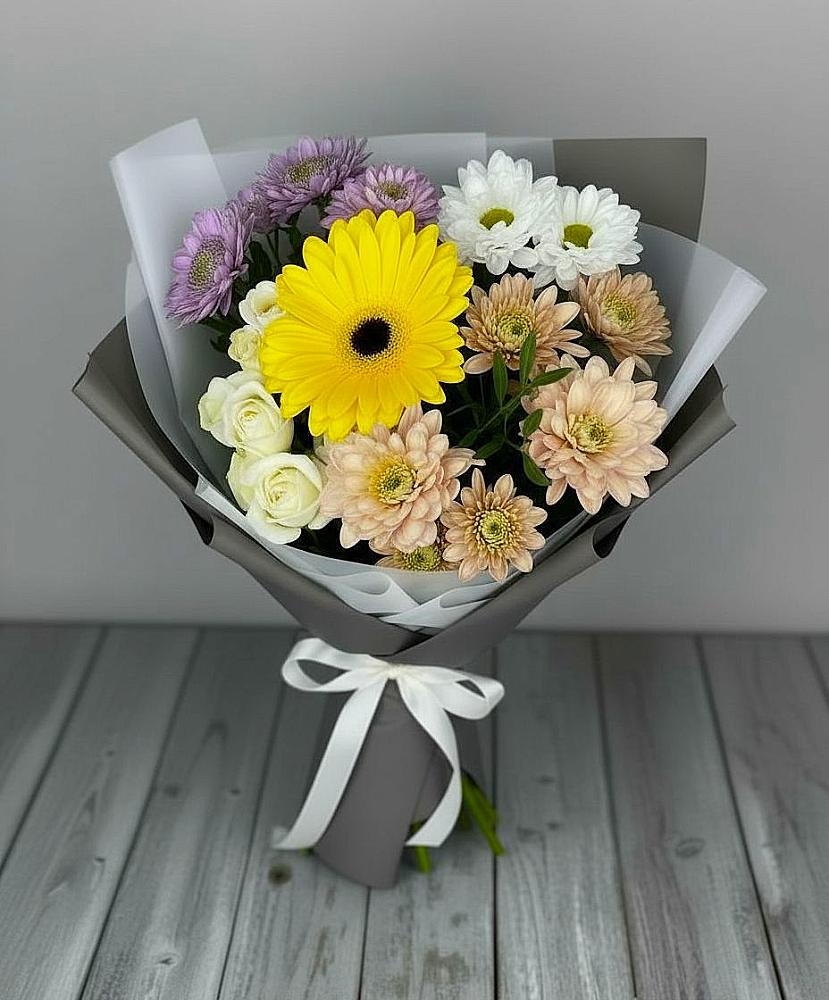 Букет цветов из: Розы, Герберы и Хризантемы в Елово