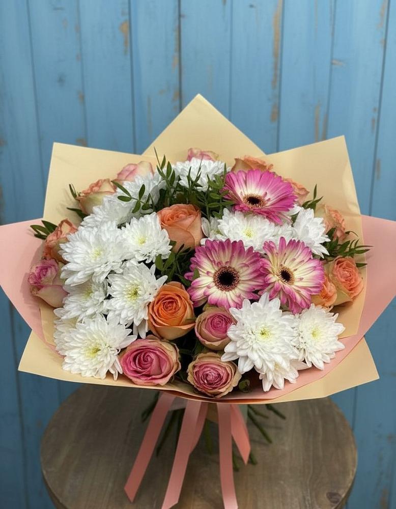 Букет цветов из: Розы, Герберы и Хризантемы в Елово