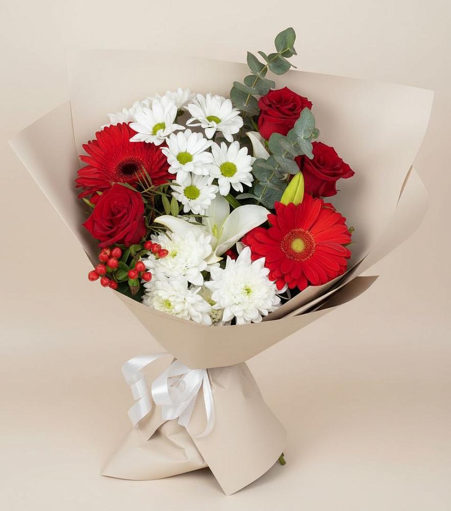 Букет цветов из: Розы, Хризантемы, Герберы и Лилии в Елово