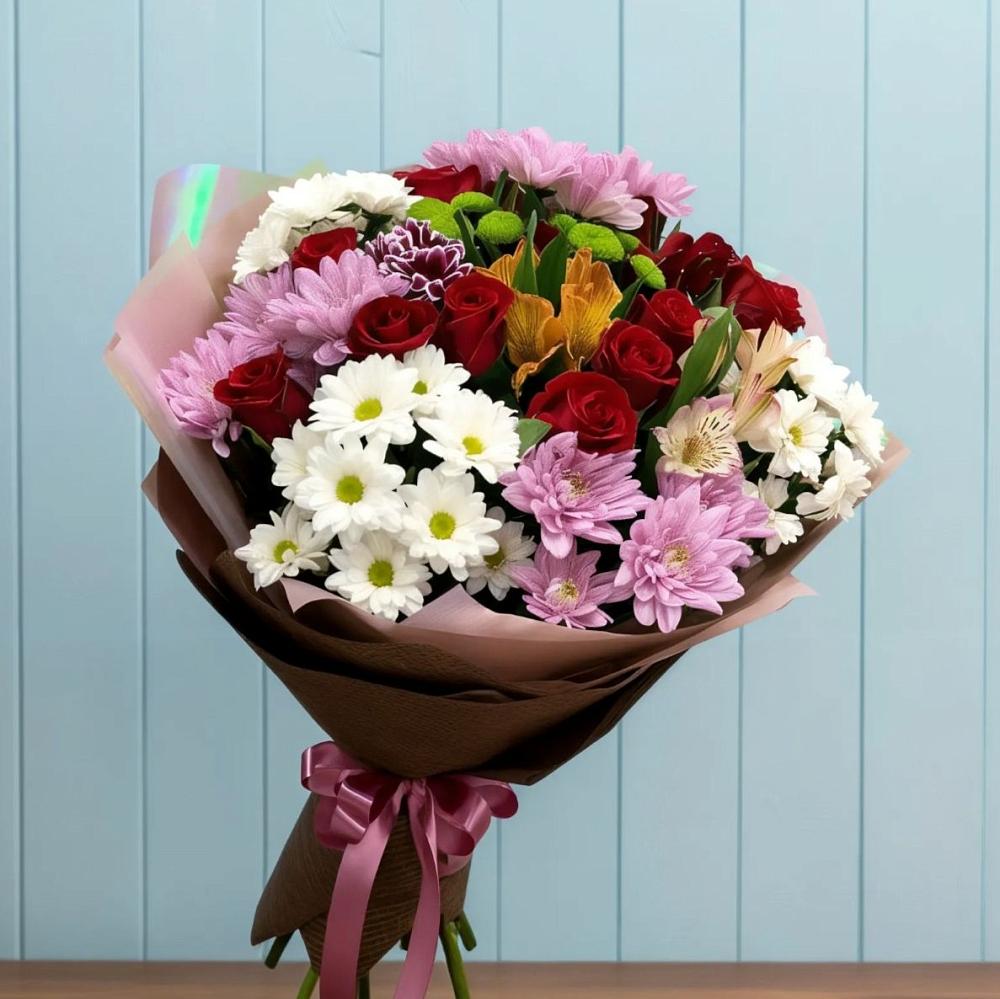 Букет цветов из: Розы, Хризантемы и Альстромерии в Елово