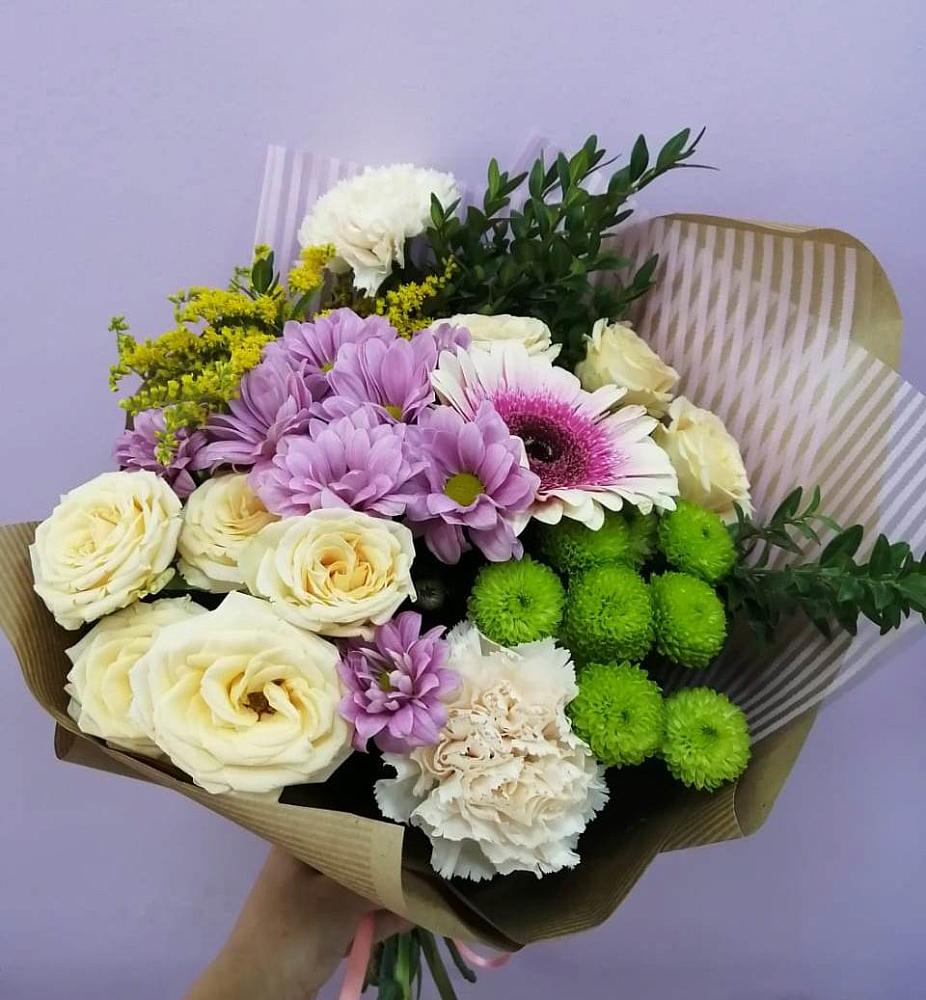 Букет цветов из: Хризантемы, Розы, Гвоздики и Герберы в Елово